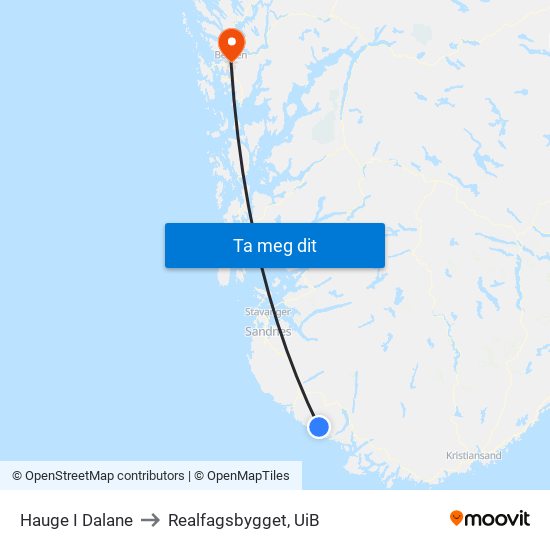 Hauge I Dalane to Realfagsbygget, UiB map