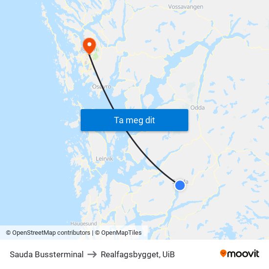 Sauda Bussterminal to Realfagsbygget, UiB map