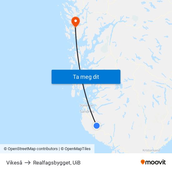 Vikeså to Realfagsbygget, UiB map