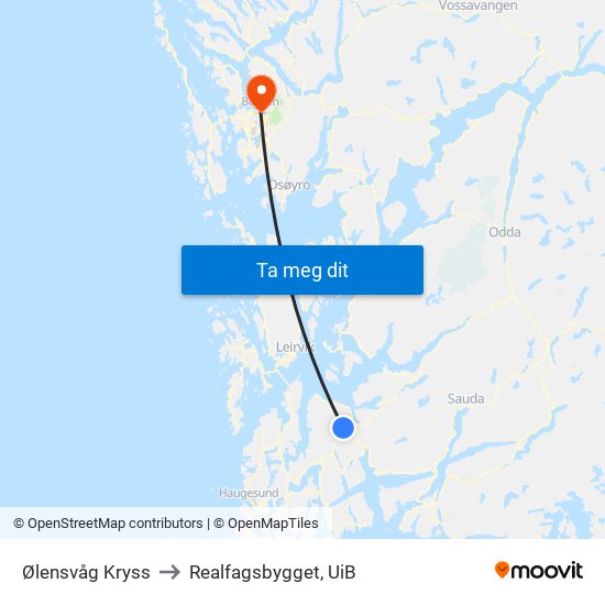 Ølensvåg Kryss to Realfagsbygget, UiB map