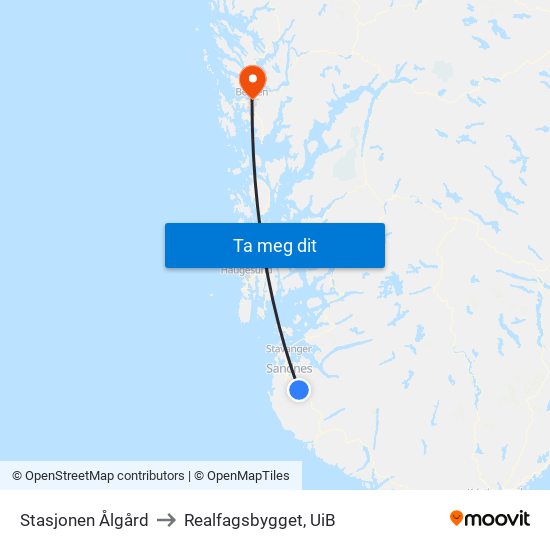 Stasjonen Ålgård to Realfagsbygget, UiB map