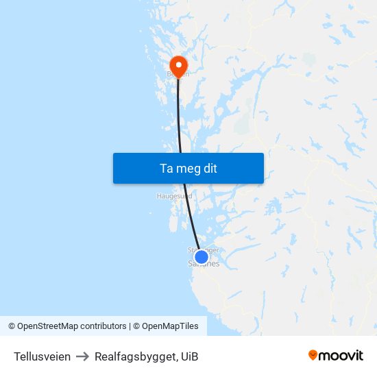 Tellusveien to Realfagsbygget, UiB map