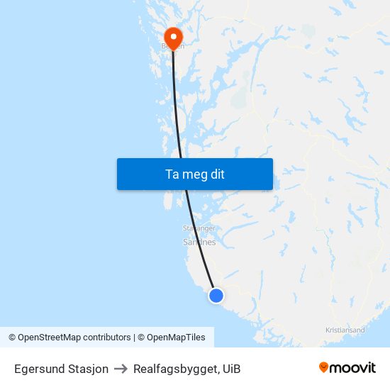 Egersund Stasjon to Realfagsbygget, UiB map