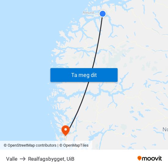 Valle to Realfagsbygget, UiB map