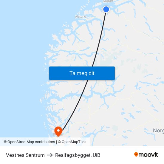 Vestnes Sentrum to Realfagsbygget, UiB map