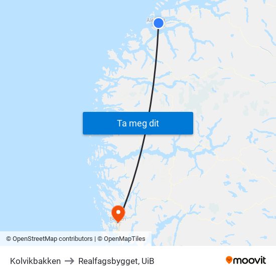 Kolvikbakken to Realfagsbygget, UiB map