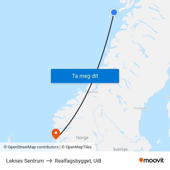 Leknes Sentrum to Realfagsbygget, UiB map