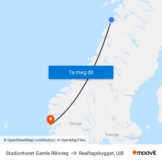 Stadiontunet Gamle Riksveg to Realfagsbygget, UiB map