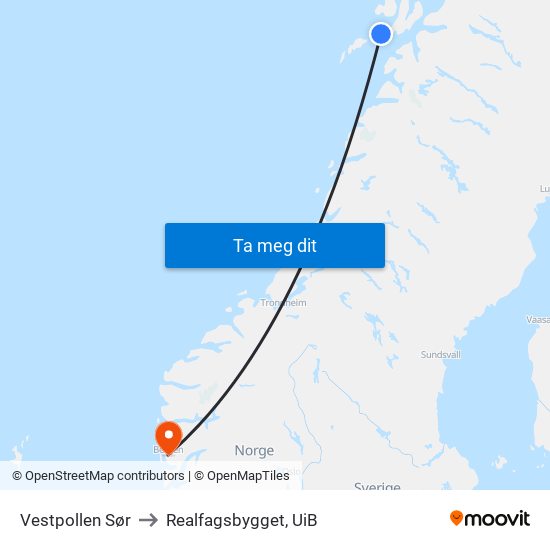 Vestpollen Sør to Realfagsbygget, UiB map