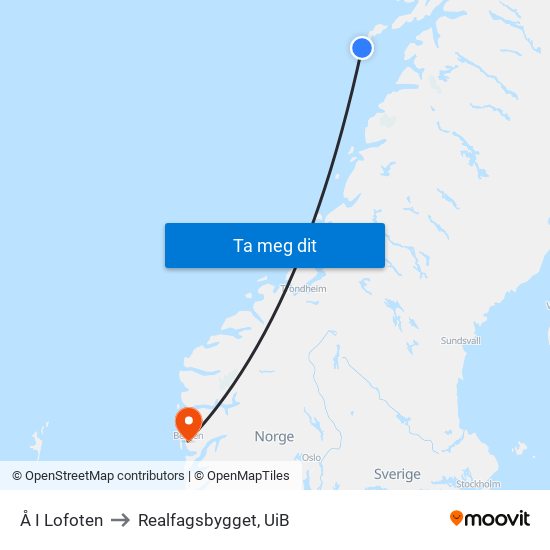 Å I Lofoten to Realfagsbygget, UiB map