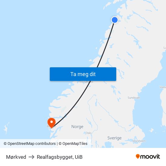 Mørkved to Realfagsbygget, UiB map