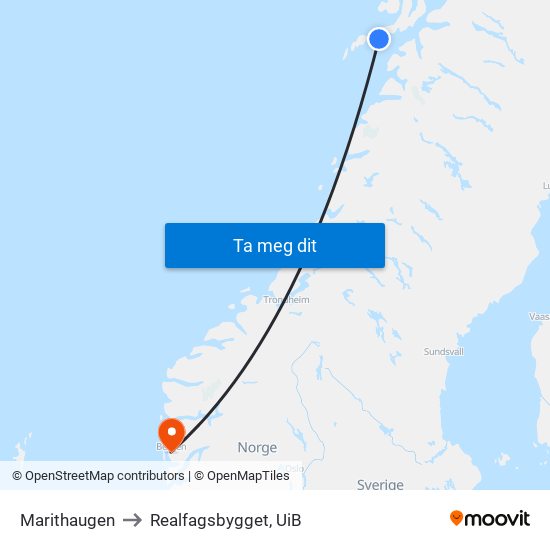 Marithaugen to Realfagsbygget, UiB map