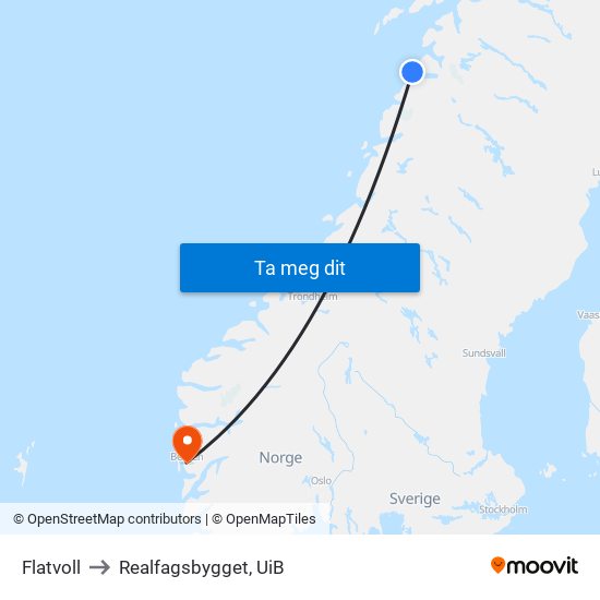 Flatvoll to Realfagsbygget, UiB map