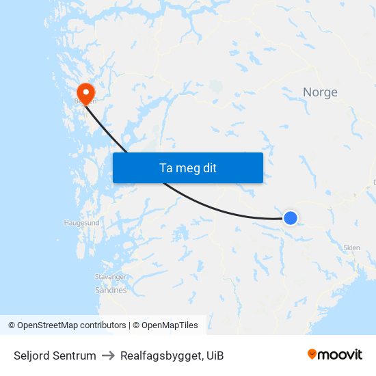 Seljord Sentrum to Realfagsbygget, UiB map