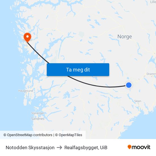 Notodden Skysstasjon to Realfagsbygget, UiB map