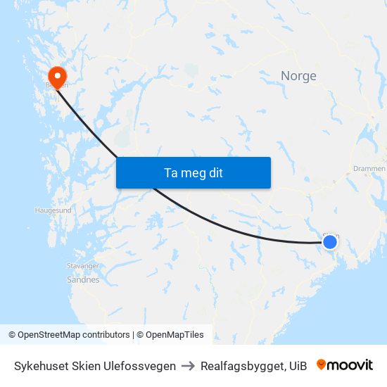 Sykehuset Skien Ulefossvegen to Realfagsbygget, UiB map