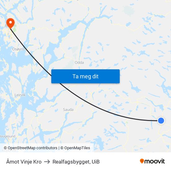 Åmot Vinje Kro to Realfagsbygget, UiB map