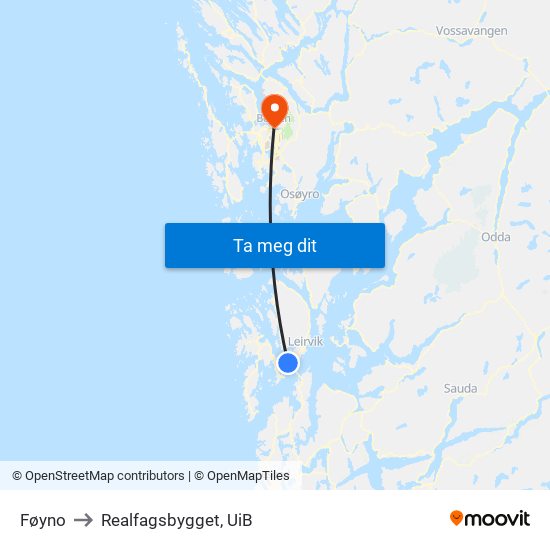 Føyno to Realfagsbygget, UiB map