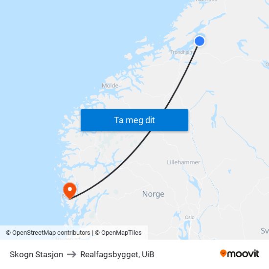 Skogn Stasjon to Realfagsbygget, UiB map
