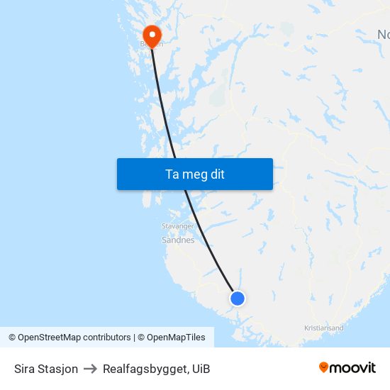 Sira Stasjon to Realfagsbygget, UiB map