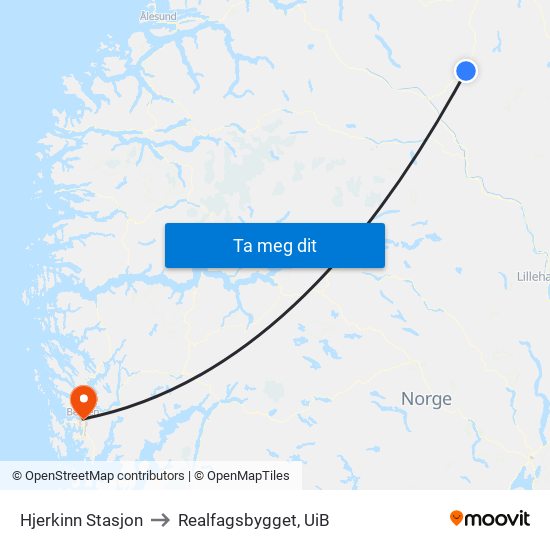 Hjerkinn Stasjon to Realfagsbygget, UiB map