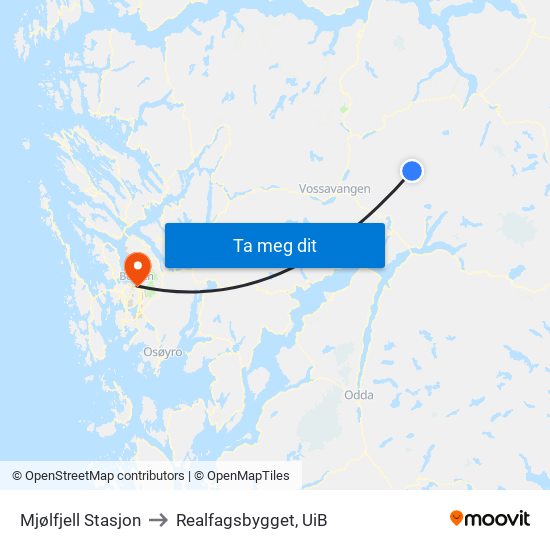 Mjølfjell Stasjon to Realfagsbygget, UiB map