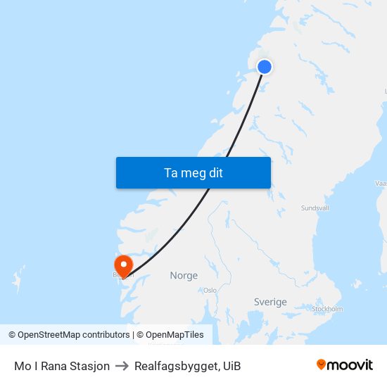 Mo I Rana Stasjon to Realfagsbygget, UiB map