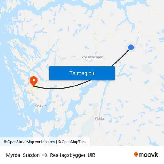 Myrdal Stasjon to Realfagsbygget, UiB map
