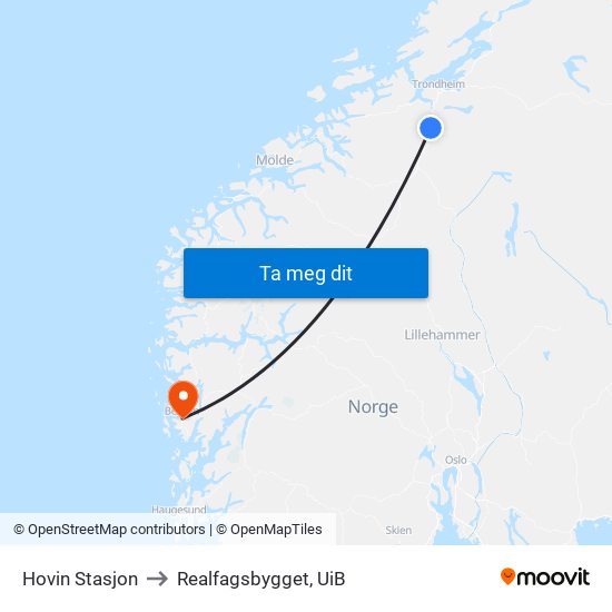 Hovin Stasjon to Realfagsbygget, UiB map