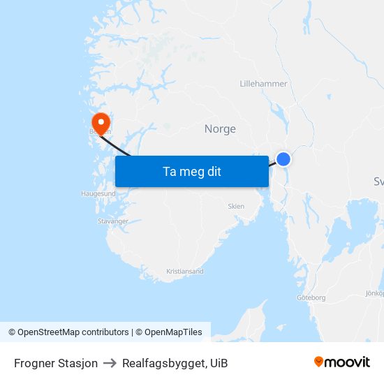 Frogner Stasjon to Realfagsbygget, UiB map