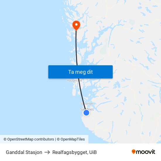 Ganddal Stasjon to Realfagsbygget, UiB map