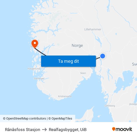 Rånåsfoss Stasjon to Realfagsbygget, UiB map