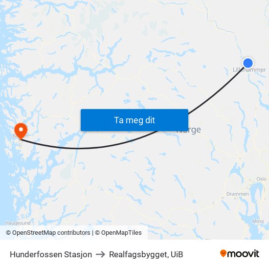 Hunderfossen Stasjon to Realfagsbygget, UiB map