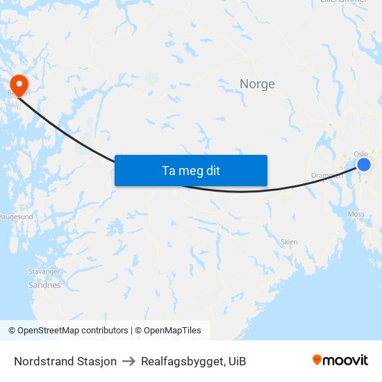 Nordstrand Stasjon to Realfagsbygget, UiB map