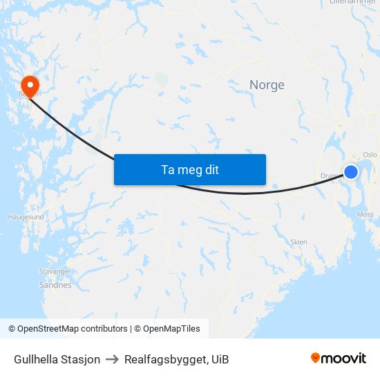 Gullhella Stasjon to Realfagsbygget, UiB map