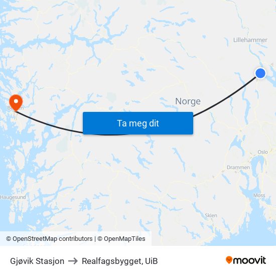 Gjøvik Stasjon to Realfagsbygget, UiB map