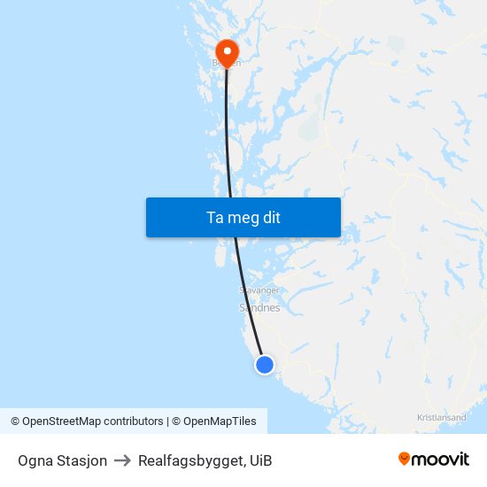 Ogna Stasjon to Realfagsbygget, UiB map