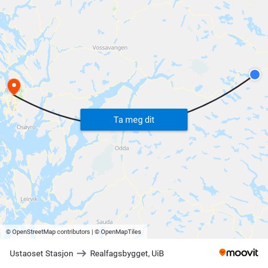 Ustaoset Stasjon to Realfagsbygget, UiB map
