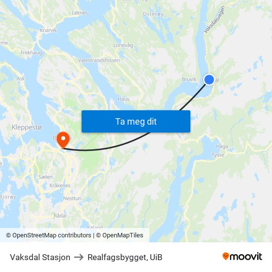 Vaksdal Stasjon to Realfagsbygget, UiB map