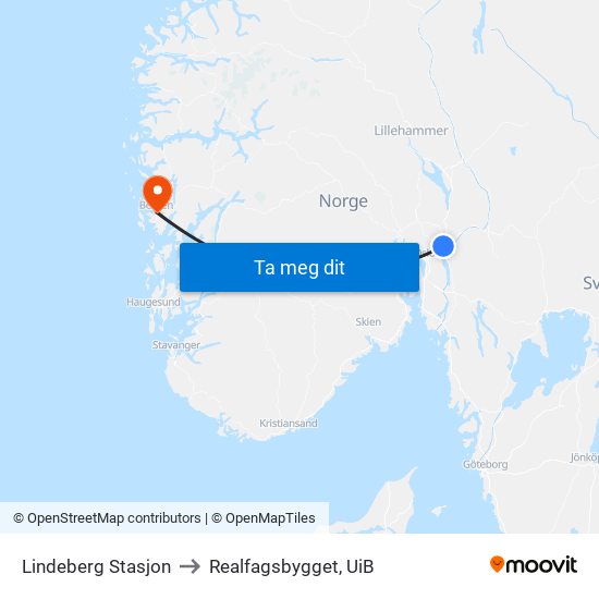 Lindeberg Stasjon to Realfagsbygget, UiB map