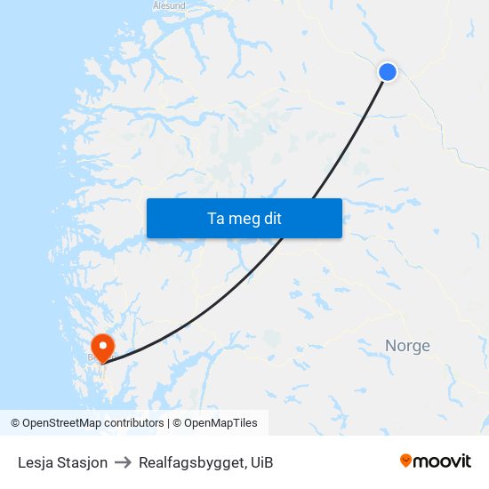 Lesja Stasjon to Realfagsbygget, UiB map