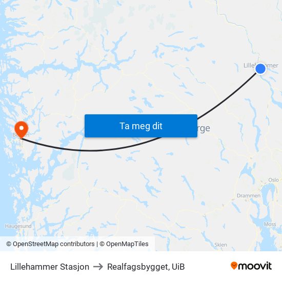 Lillehammer Stasjon to Realfagsbygget, UiB map