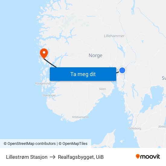 Lillestrøm Stasjon to Realfagsbygget, UiB map