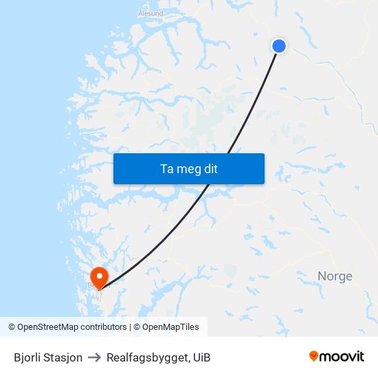 Bjorli Stasjon to Realfagsbygget, UiB map