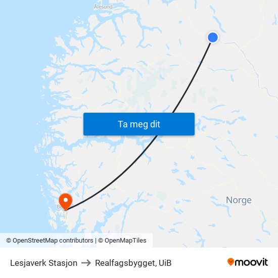 Lesjaverk Stasjon to Realfagsbygget, UiB map