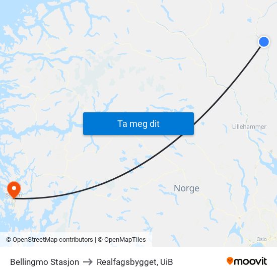 Bellingmo Stasjon to Realfagsbygget, UiB map