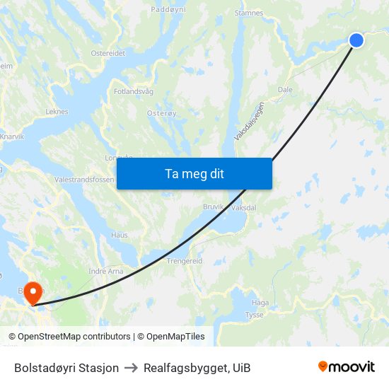 Bolstadøyri Stasjon to Realfagsbygget, UiB map