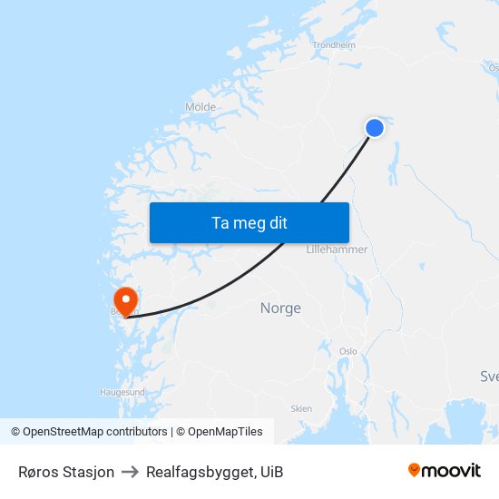 Røros Stasjon to Realfagsbygget, UiB map
