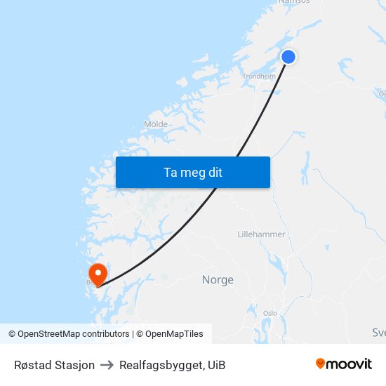 Røstad Stasjon to Realfagsbygget, UiB map