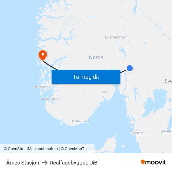 Årnes Stasjon to Realfagsbygget, UiB map